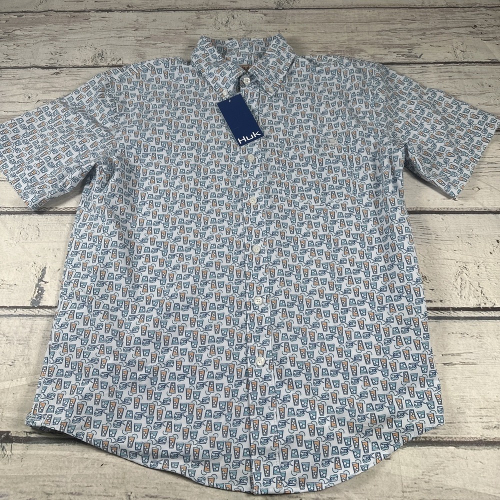 New HUK Fishing Kona Dolphin Cocktail Shirt AOP Mens S Blue Short Sleeve   NWT